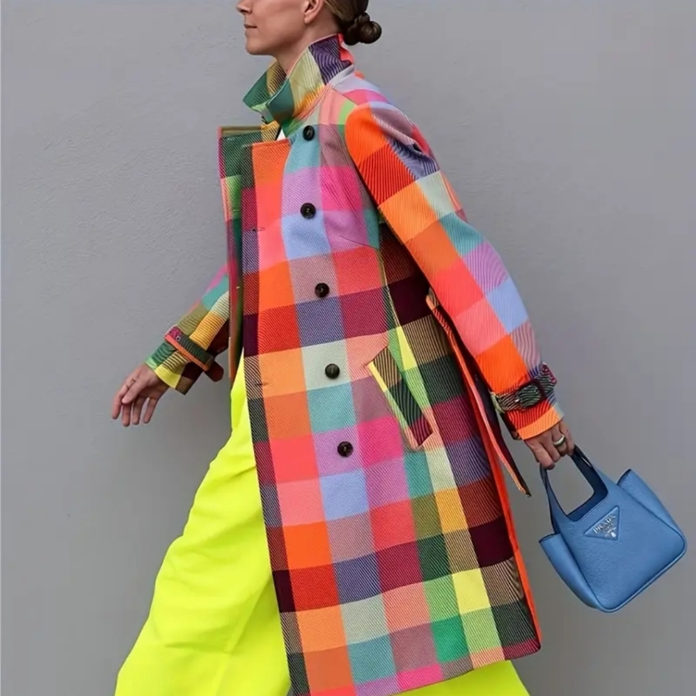 Rainbow Plaid Double Button Ladies Rain Coat.